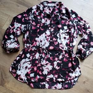Women's Black Floral Tunic with Waist Tie - XL